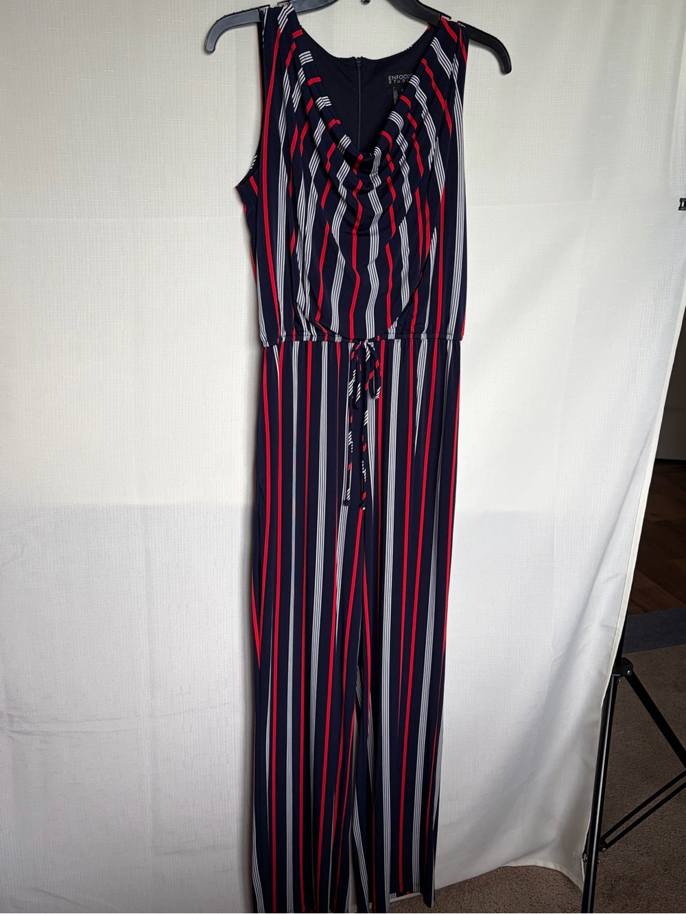 Enfocus Studio Navy Jumpsuit with Red & White Stripes